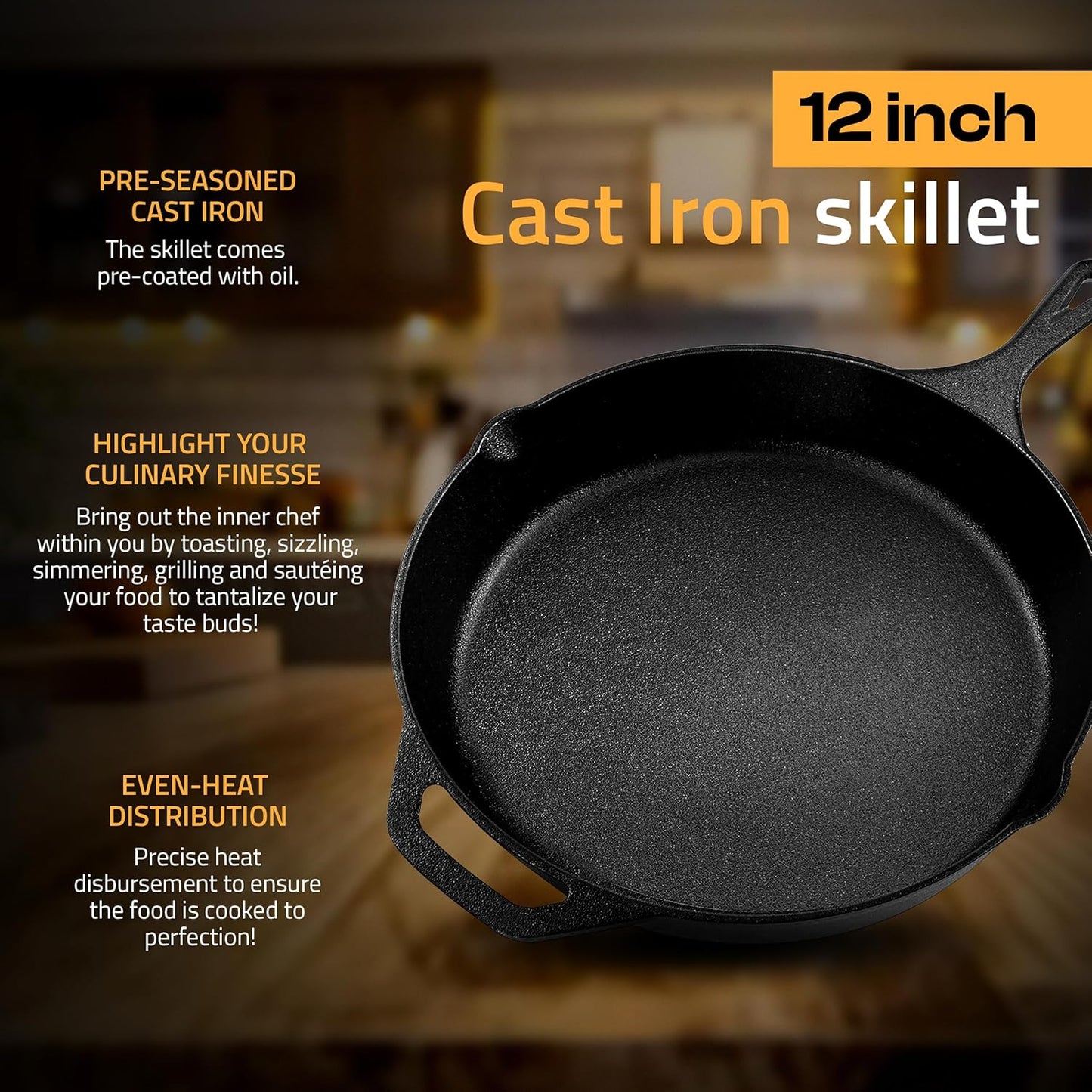 Utopia Kitchen Premium Cast Iron Skillet - 12 Inch Pre-Seasoned Chef's Pan for Even Heat Distribution | Versatile Black Frying Pan