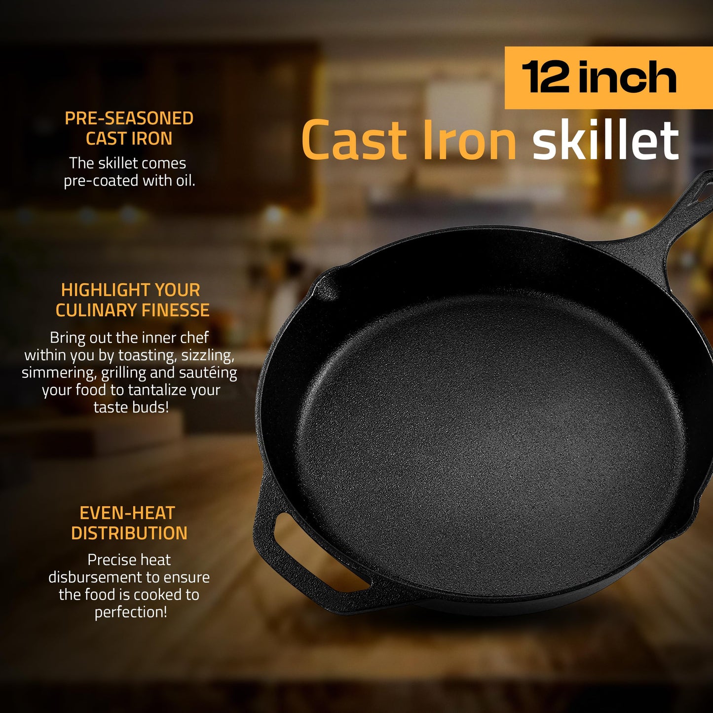Utopia Kitchen Premium Cast Iron Skillets 12 Inch, Chef's Pan, Pre-Seasoned Frying Pan, Stovetop, Oven, Campfire and Grill Large Skillet, Even Heat Distribution Multipurpose Cast Iron Pan - Black