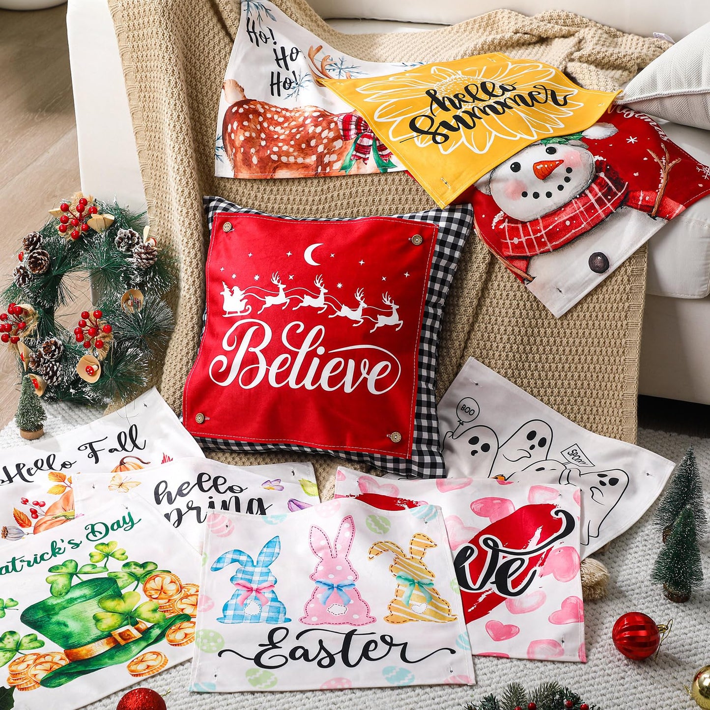 Hahafelt Set of 13 Seasonal Holiday Throw Pillow Covers 18x18 in with 12 Interchangeable Panels Spring Summer 4th of July 250th Anniversary Decorative Square Pillowcase for Farmhouse Sofa Home Decor