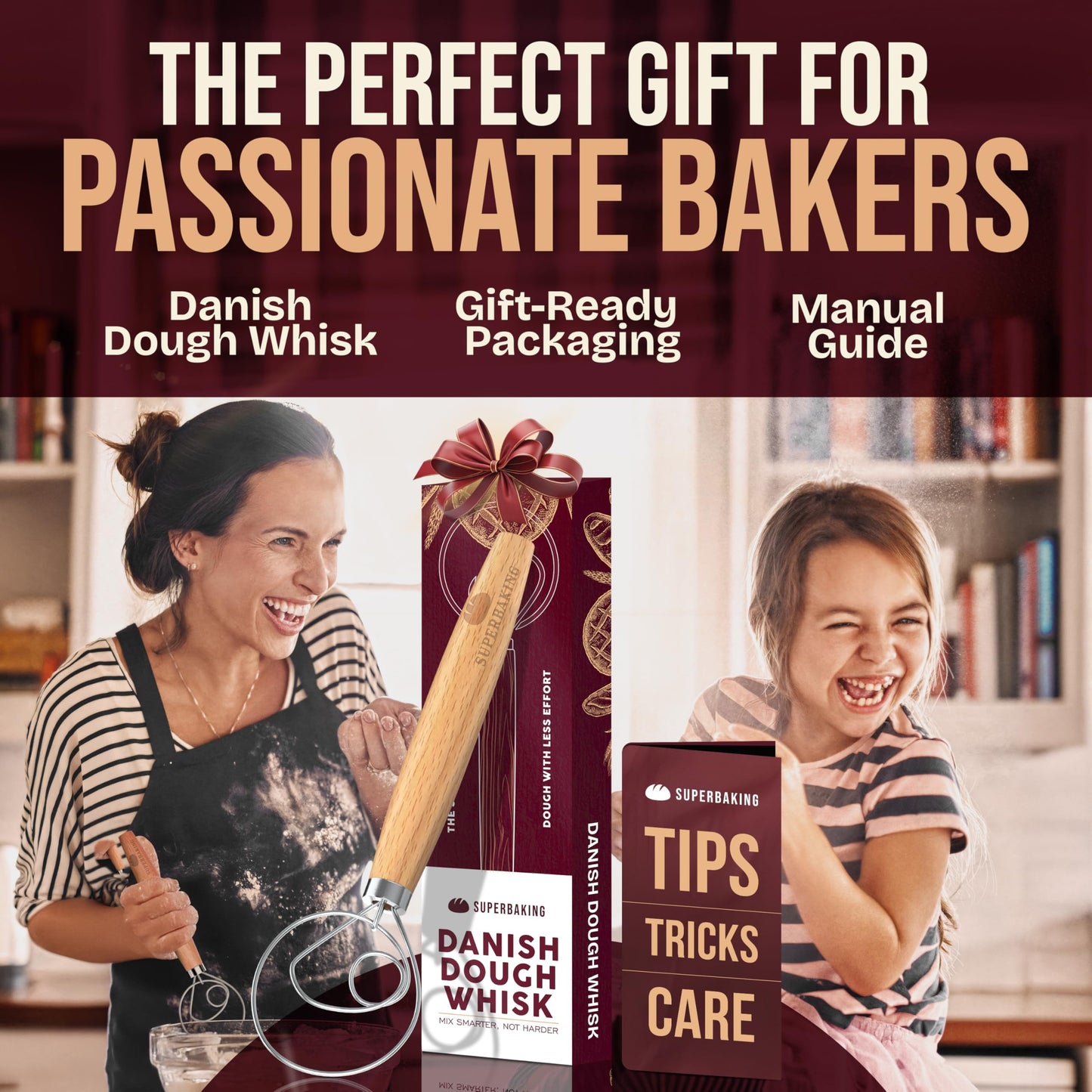 Superbaking Danish Dough Whisk - 12" Bread Whisk for Dough Mixing - Single Eye Design Sourdough Whisk - Sourdough Bread Baking Supplies - Bread Making Tools and Accessories - Ergonomic Wooden Handle