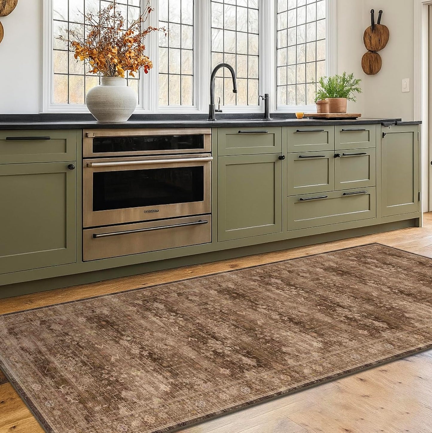 Skiennix Brown Washable Long Runner Rug - Non-Slip Rubber Backing | 3x8 ft Boho Vintage Design for Hallways & Entryways