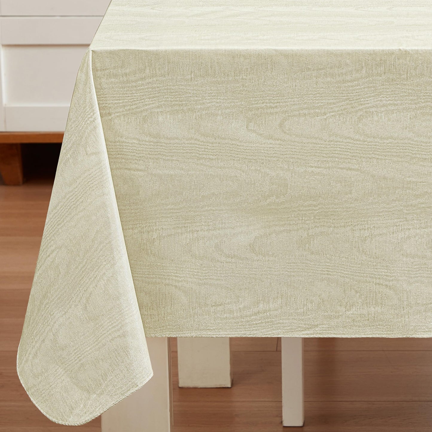 Newbridge Vinyl Flannel Backed Tablecloth, 60 x 84 Inch Rectangle, Beige Moire Wavy Solid Design, Heavyweight Indoor Outdoor Waterproof Table Cover, Easy Care Wipe Clean