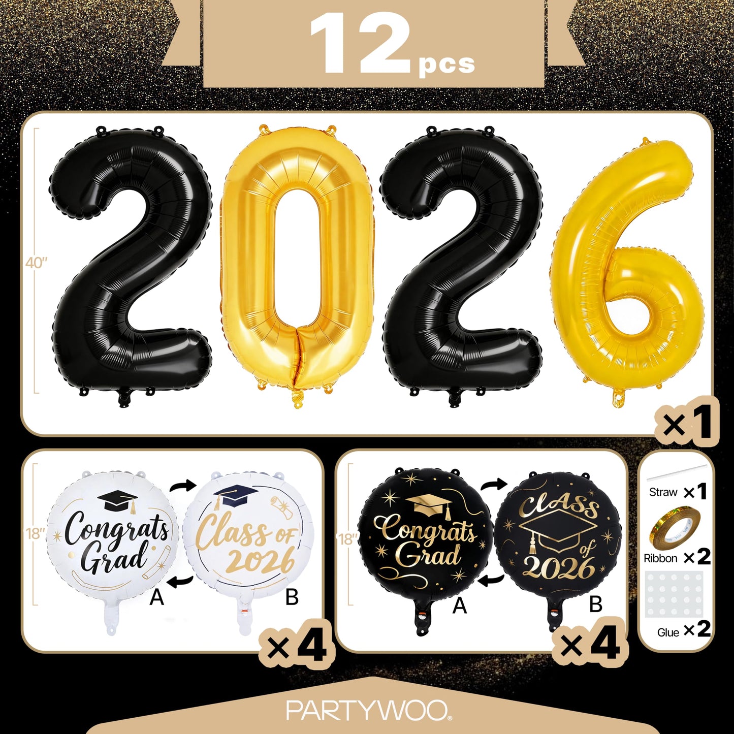 PartyWoo Graduation Balloons Class of 2026 Black White Gold 12pcs Balloons 40 Inch 2026 Foil Number Balloons 18 Inch Congrats Grad Mylar Balloons for Black White Graduation Decorations Party Supplies