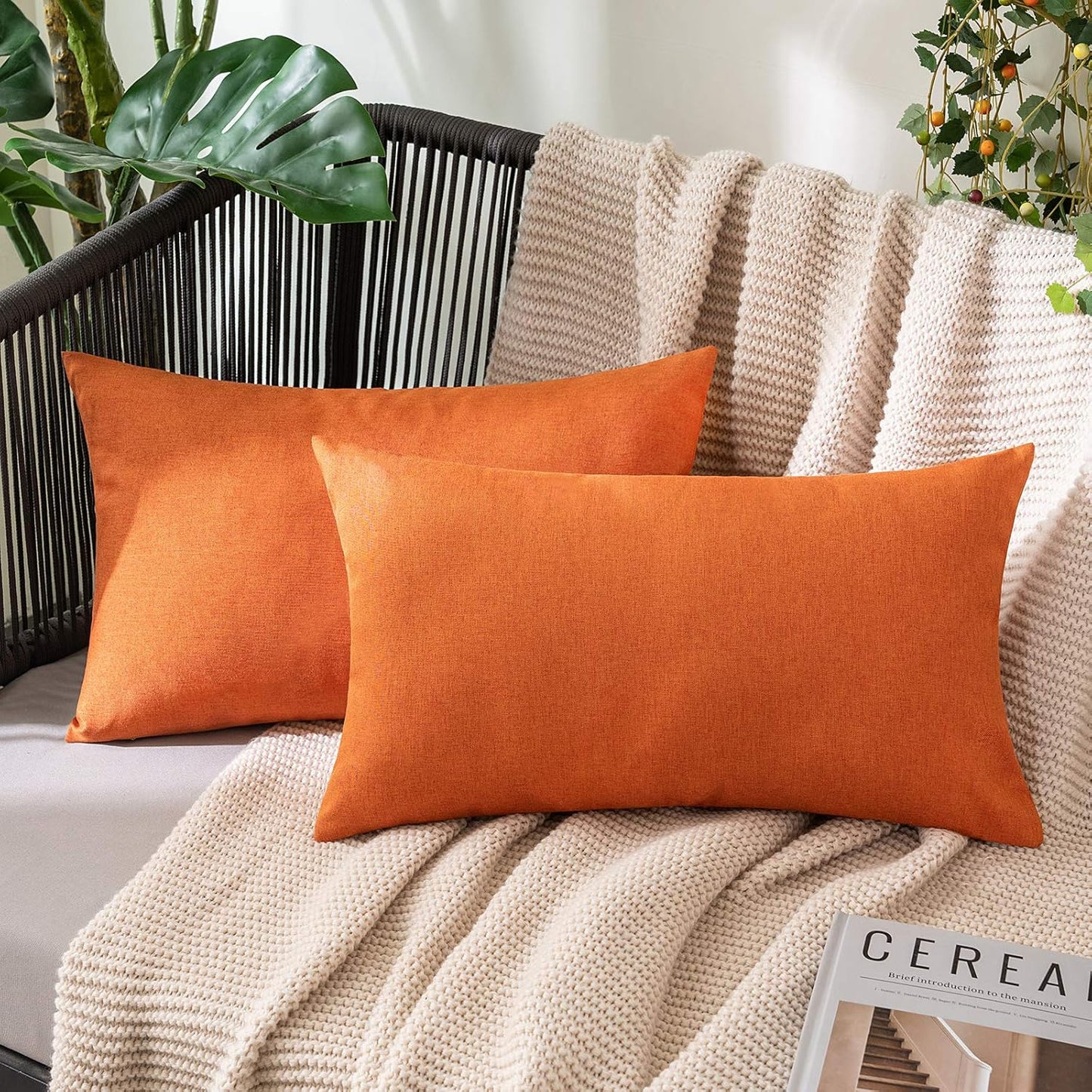 MIULEE Decorative Outdoor Throw Pillow Covers - Waterproof Faux Linen Cushion Cases | Pack of 2, 20x12 Inch, Orange
