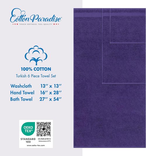 Cotton Paradise 6-Piece Towel Set - 100% Soft Absorbent Turkish Towels in Purple | Bath & Hand Towels