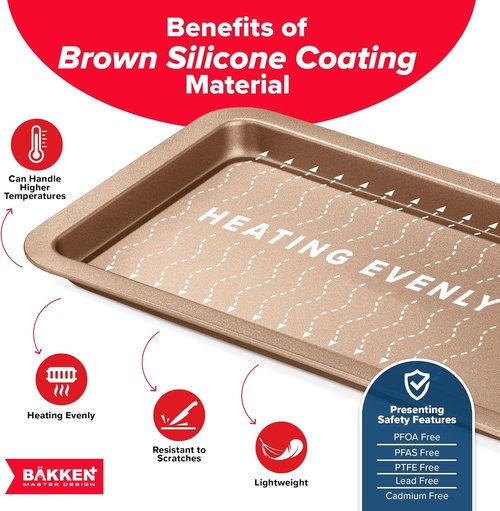 BAKKEN Nonstick Baking Pans - Commercial Grade Carbon Steel Cookie Sheet, 13.18" x 8.66", Oven Safe Up to 450°F, Brown