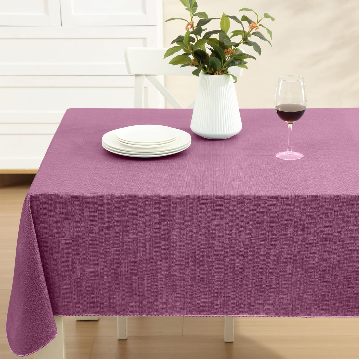 Lintex Cafe Hotel Linen Look Vinyl Flannel Backed Tablecloth, Heavyweight 4 Gauge, 60 x 104 Inch Rectangle, Burgundy Indoor Outdoor Waterproof Wipe Clean Table Cover
