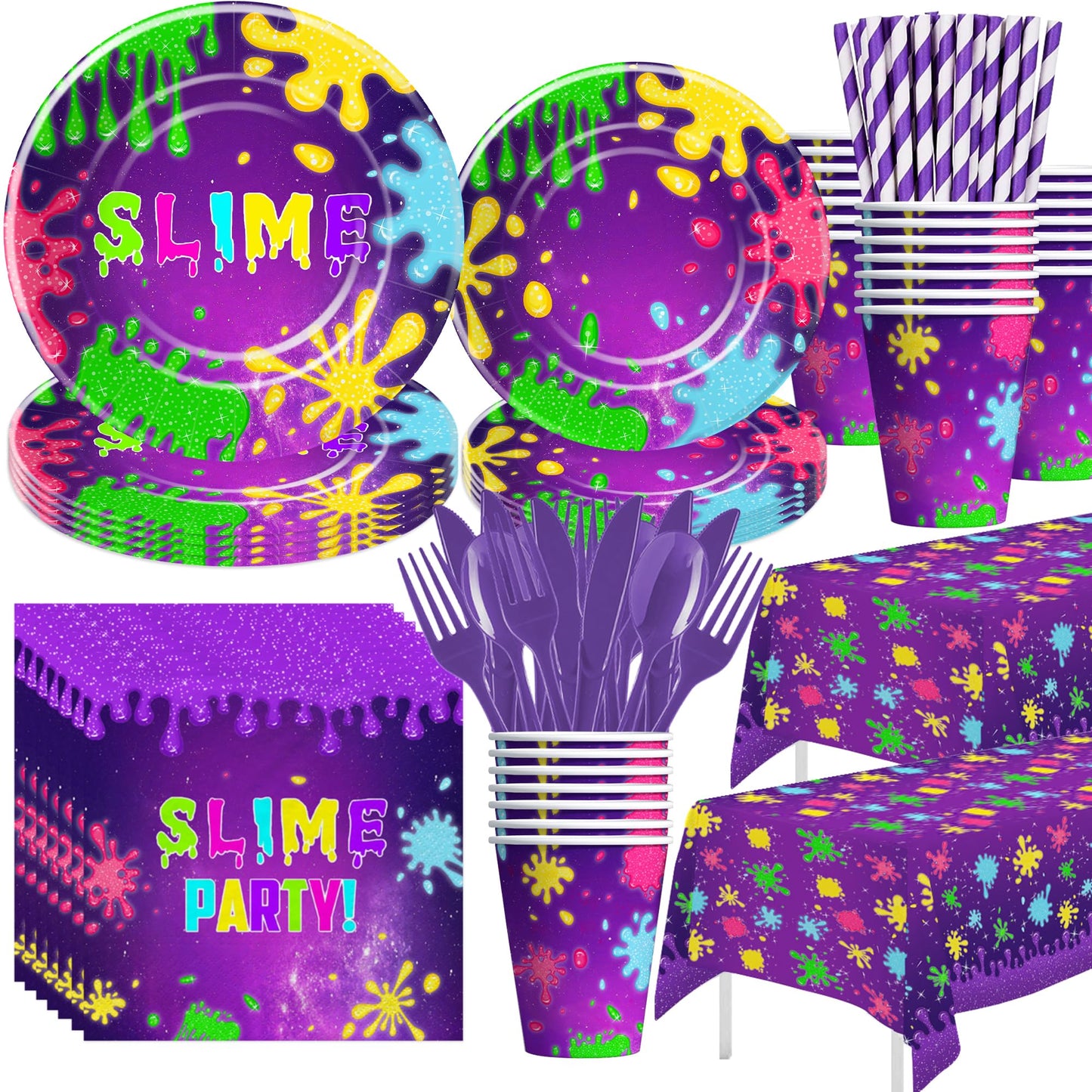 Suhelkit Slime Birthday Party Decorations Tableware - Slime Party Supplies, Plate, Cup, Napkin, Tablecloth, Cutlery, Purple Glitter Slime Splatter Splash Colorful Theme Table Decorations | Serve 24