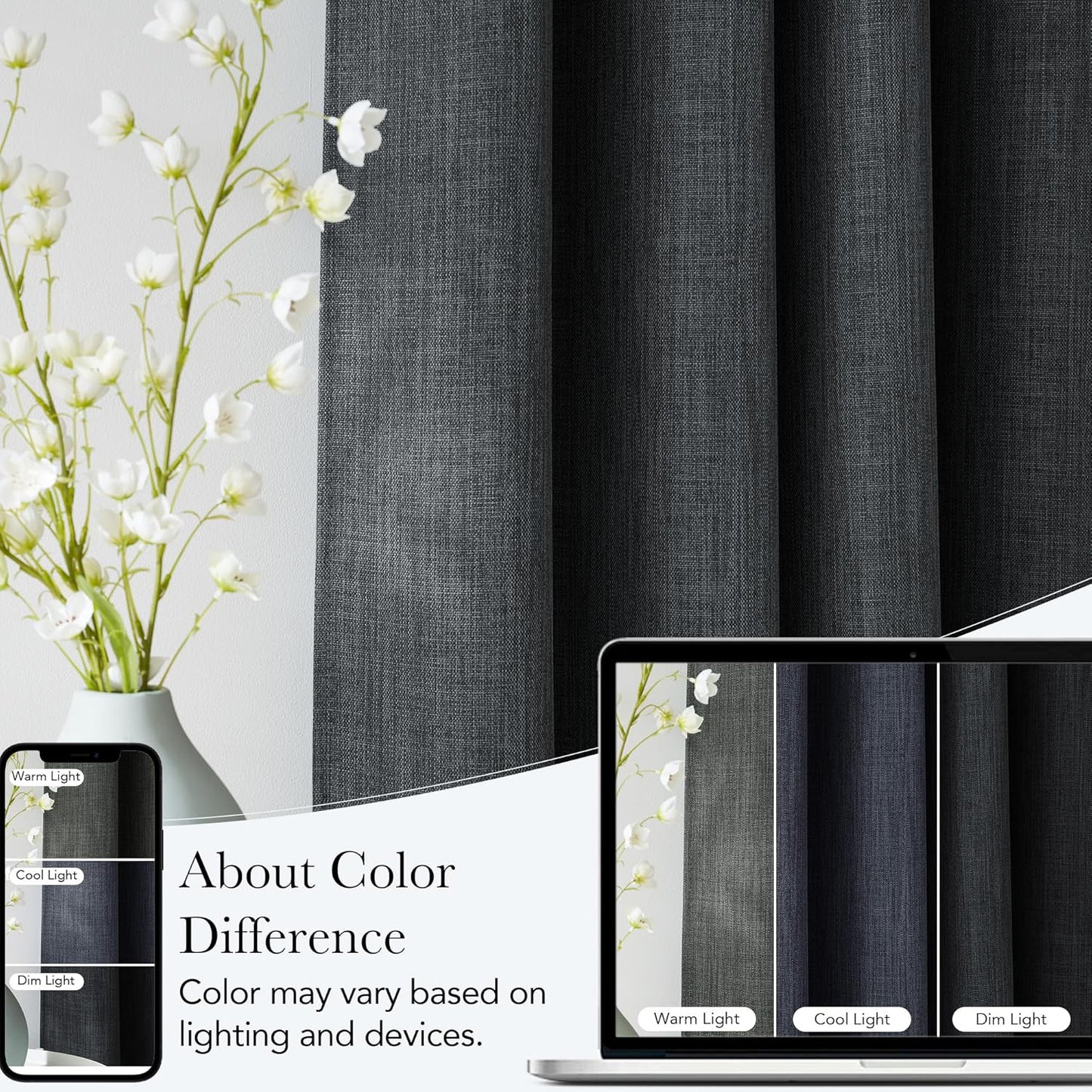 NICETOWN Blackout Curtains - Charcoal Gray Faux Linen Privacy Panels, 63 Inches Long | 2 Panels, Grommet Top