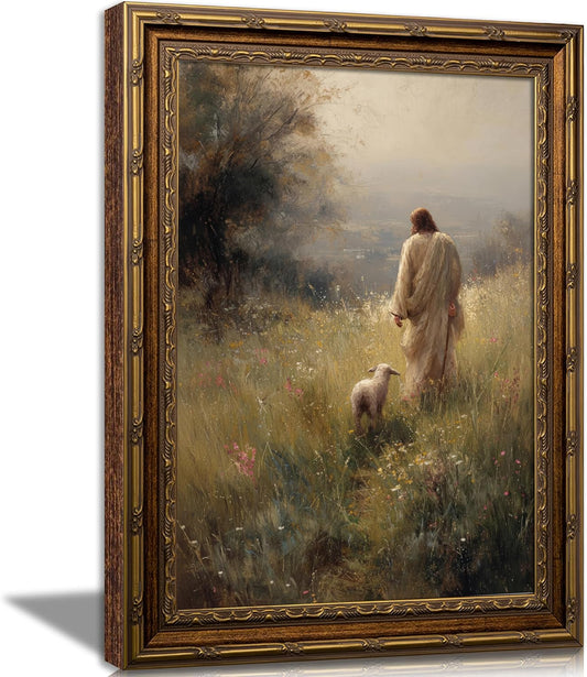 Vintage Gold Framed Jesus Canvas Wall Art - The Lost Sheep Painting for Home & Church Decor