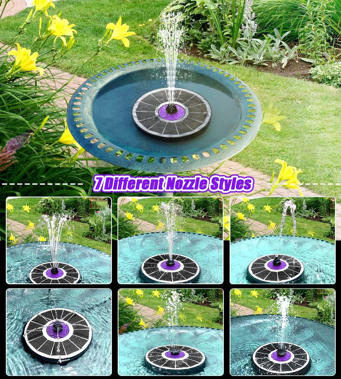 SZMP Solar Fountain - 3.5W Solar Powered Bird Bath Water Fountain with 7 Nozzles & Upgraded Glass Panel | White