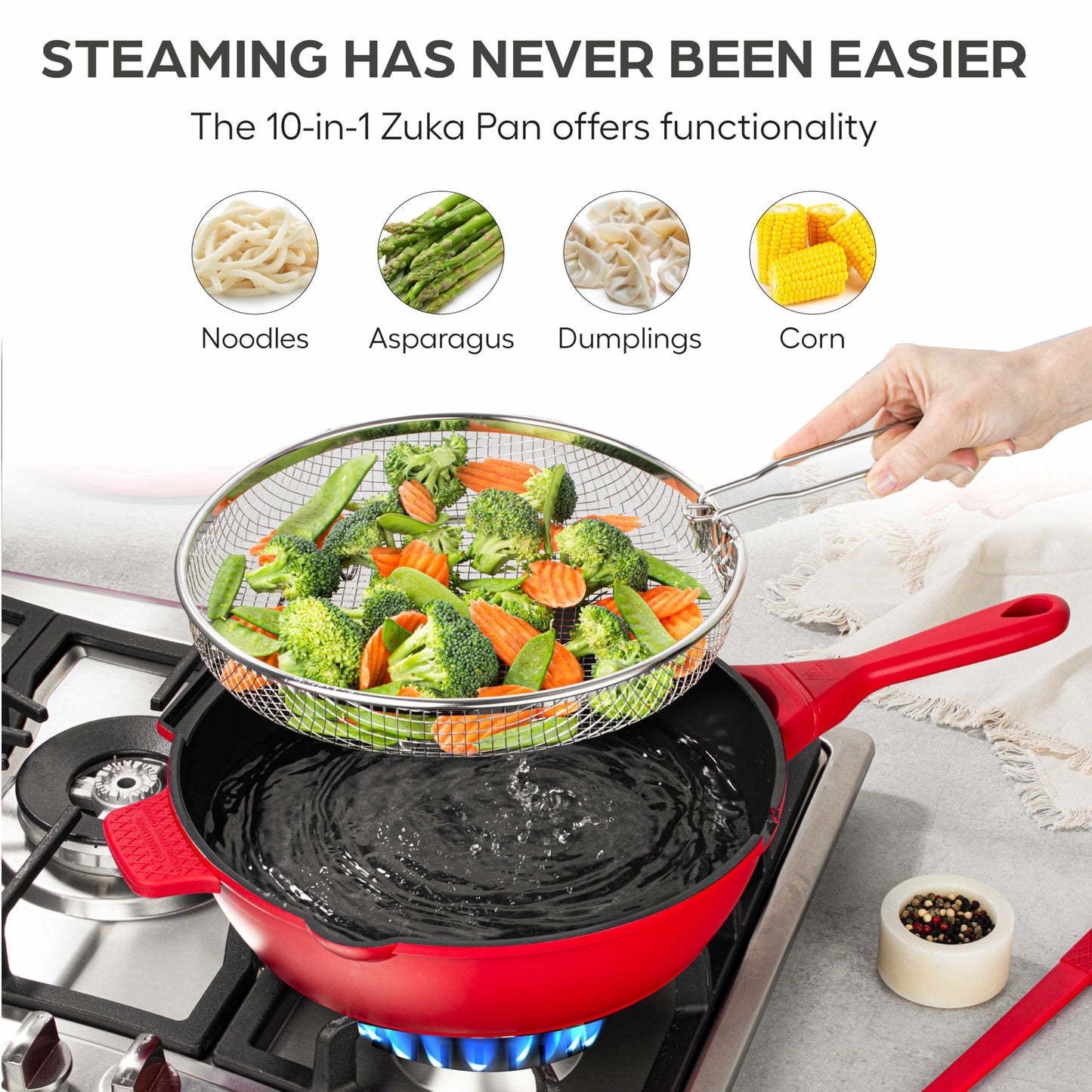 ZUKA 10 in 1 Ceramic Pan by Granitestone, Large 10 Inch Saute Pan with Lid Serves as Deep Frying Set with Steamer, Everyday Skillet, Non Toxic Ceramic Nonstick, Induction Oven & Dishwasher Safe