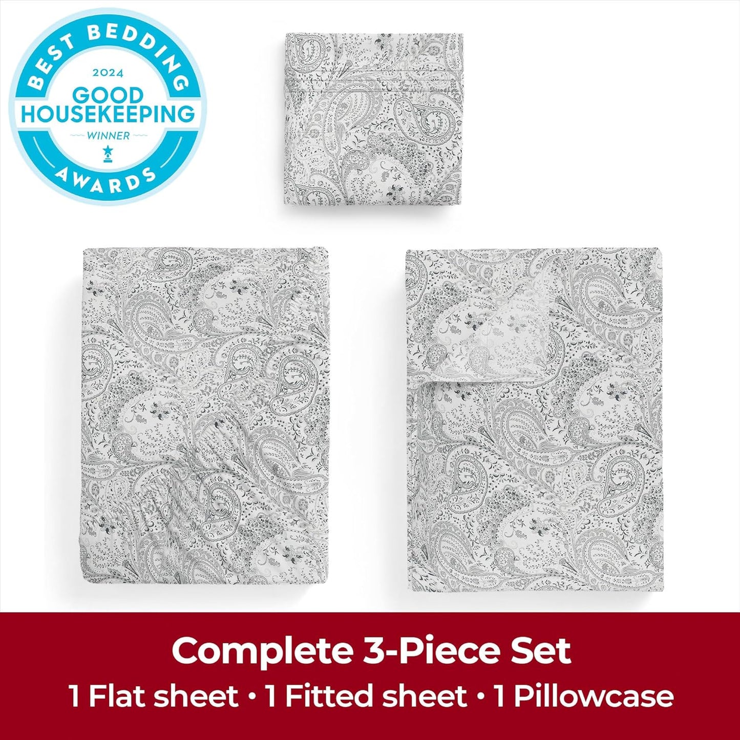Mellanni Twin Sheets Set - 3 PC Hotel Luxury Bedding | Extra Soft, Cooling, Wrinkle & Stain Resistant (Twin, Paisley Gray)
