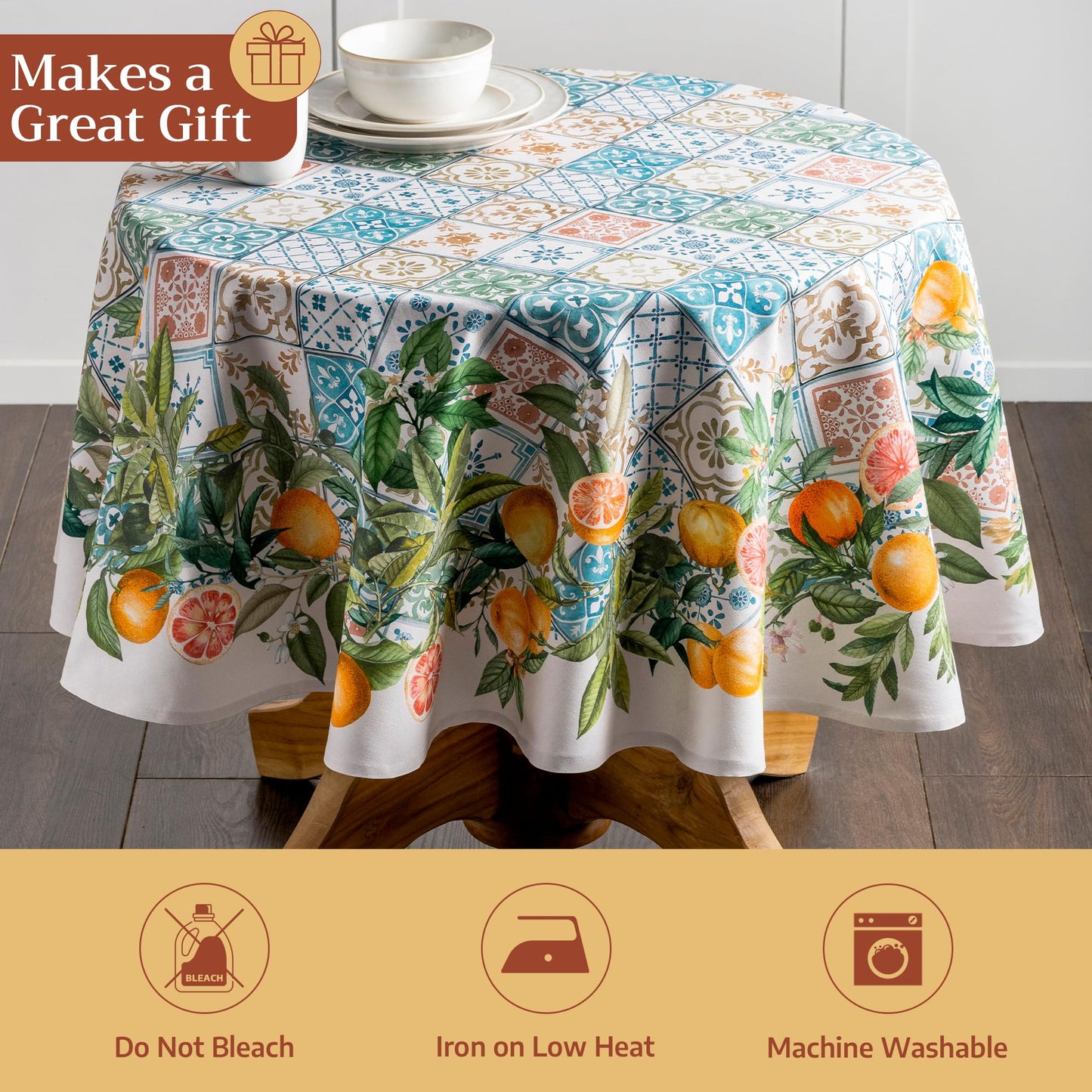 Maison d' Hermine Table Cloth Round Table 100% Cotton 69 Round Inches Tablecloth Reusable Decorative for Dining Kitchen Room Farmhouse Home Gifts for Mothers Day Spring Summer - Agrume