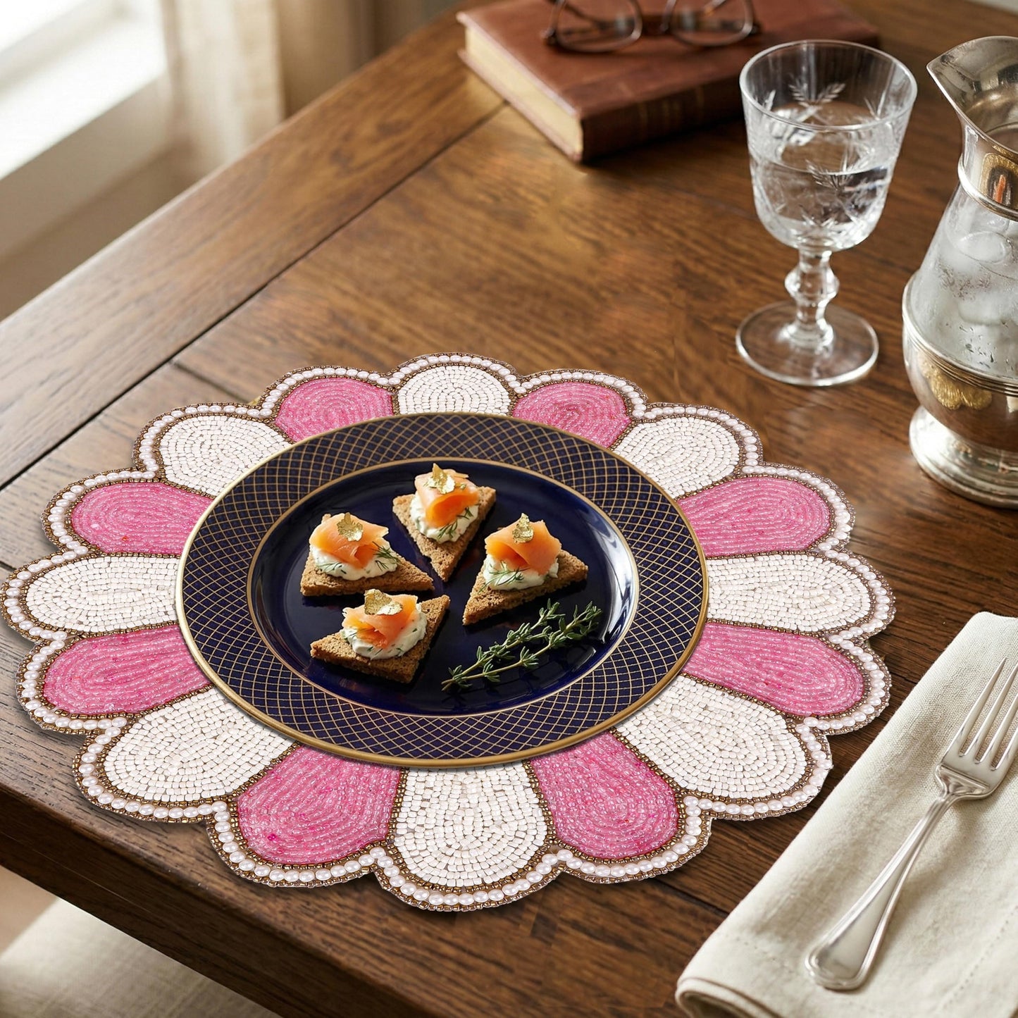 Decorative Beaded Table Mat - 13-Inch Placemat for Dining & Coffee Tables - Handcrafted Beaded Charger Plate - Elegant Place Mat for Dinner Parties & Home Décor (Pink White) - ALPHA Living HOME