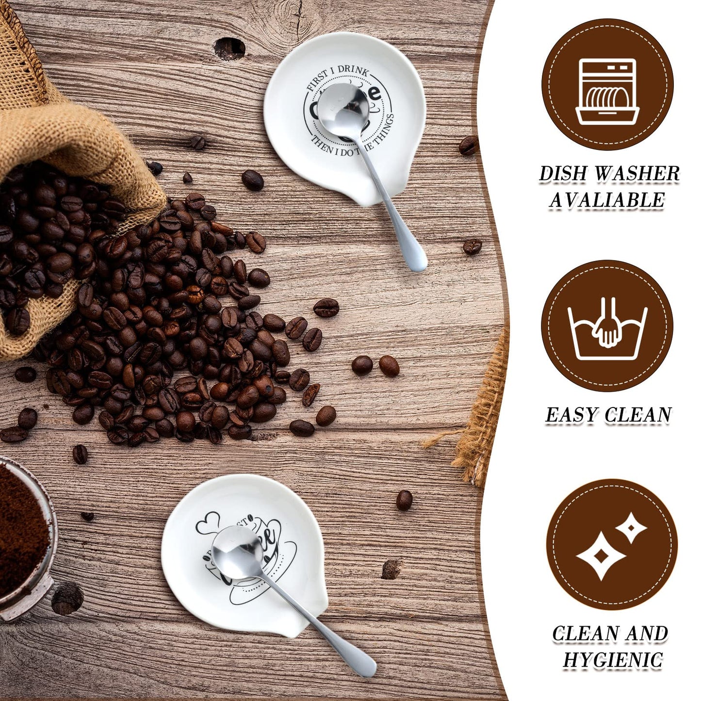 Gandeer 4 Pieces Coffee Spoon Rest and Teaspoon Funny Quote Ceramic Spoon Holder Rests for Station Decor Stove Top Countertop Kitchen Accessories Nice Present for Coffee Lovers