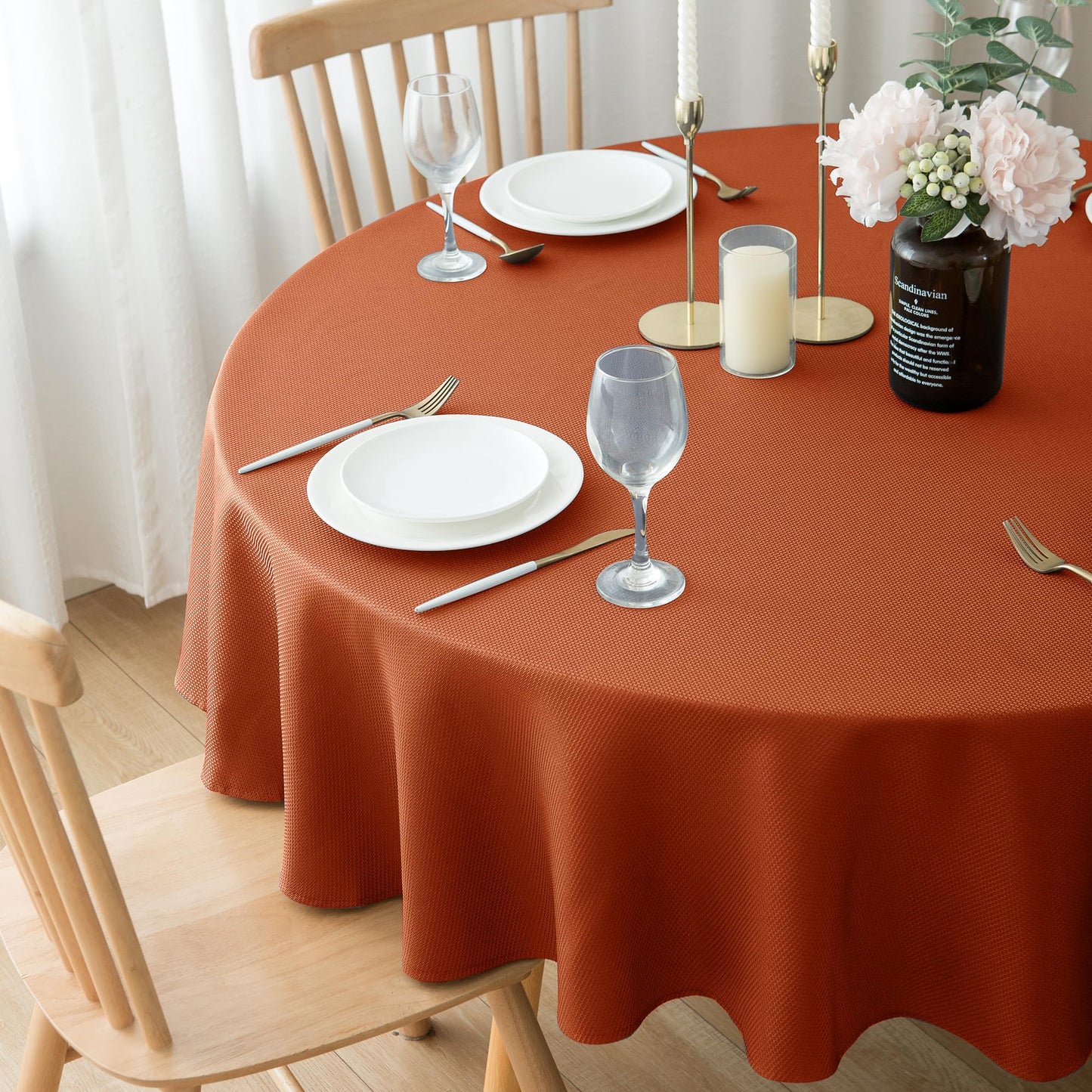 Biscaynebay 2 Pack Textured Fabric Round Tablecloths 60'' for Tables diameters from 28" to 48", Rust Table Cloth Water Resistant Small Circle Folding Table Covers for Dining Kitchen Wedding Parties