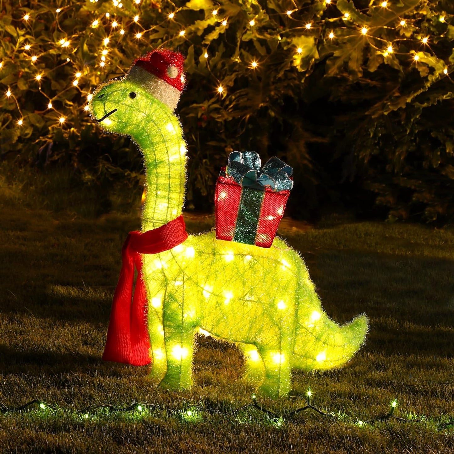 WATERGLIDE 27-Inch Lighted Christmas Dinosaur | Pre-Lit 3D Brachiosaurus Yard Decor with Gift Box