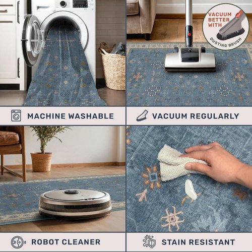 Blue 2x4 Runner Rug - Waterproof & Washable | Non-Slip Low Pile for Entryway, Kitchen & Bathroom
