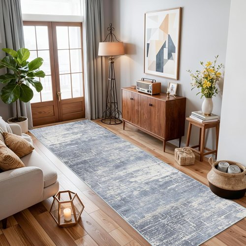 **Hallway 2x10 Washable Runner Rug - Abstract Design | Stain Resistant Non-Slip Carpet for Entryway & Living Room (2x10, Blue/Ivory)**