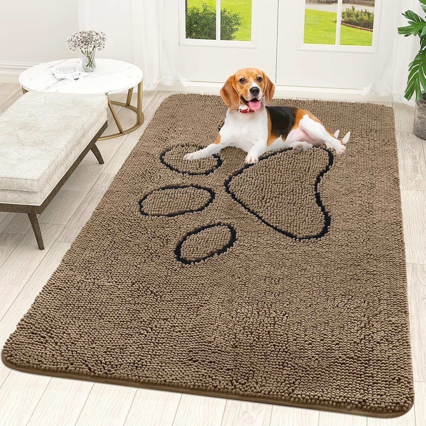 OLANLY Dog Door Mat - Absorbent Non-Slip Mud Mat for Muddy Paws | 59x35 Tan Paw Print Design