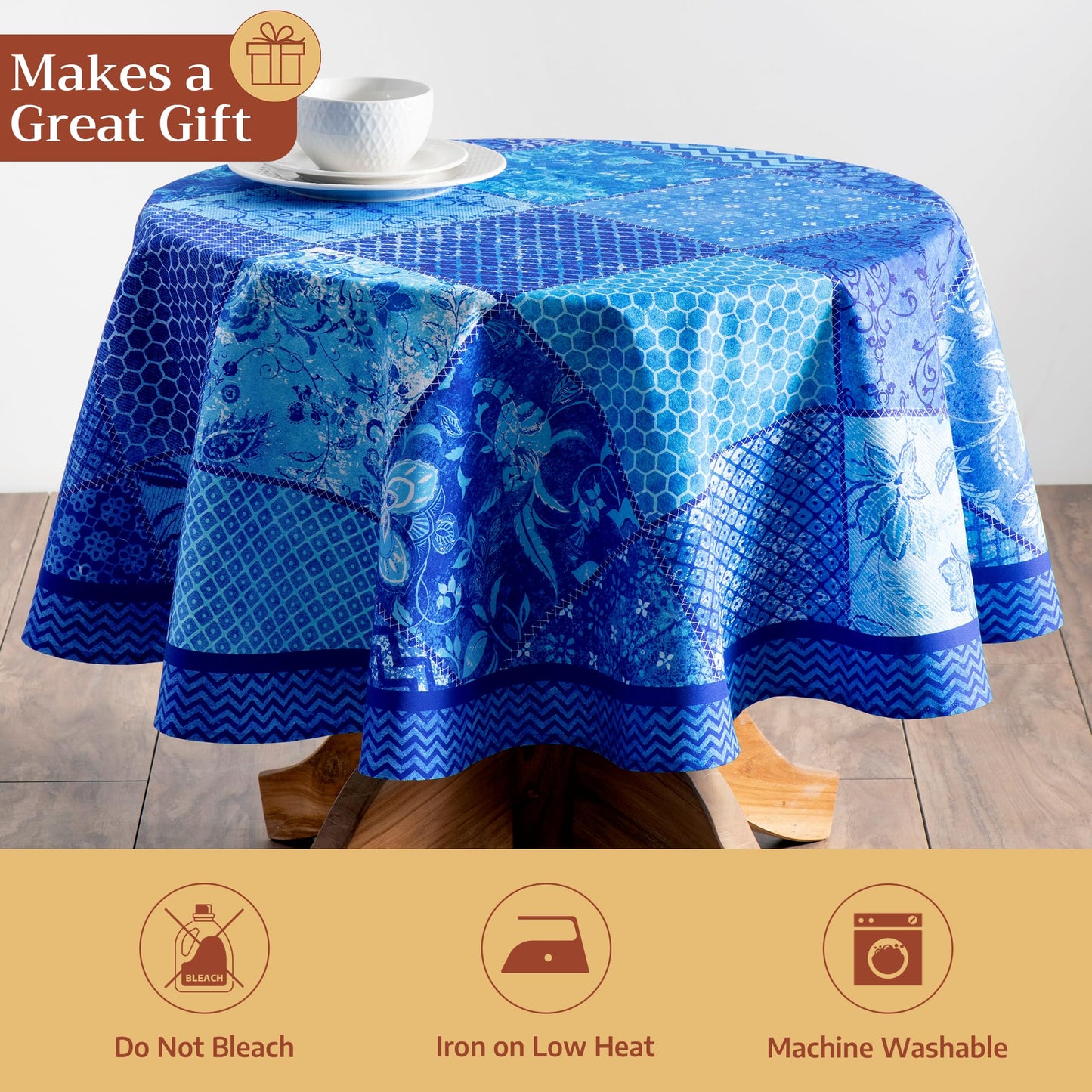 Maison d' Hermine Table Cloth Round Table 100% Cotton 69 Round Inches Tablecloth Reusable Decorative for Dining Kitchen Room Farmhouse Home Gifts for Mothers Day Spring Summer - Indigo Love