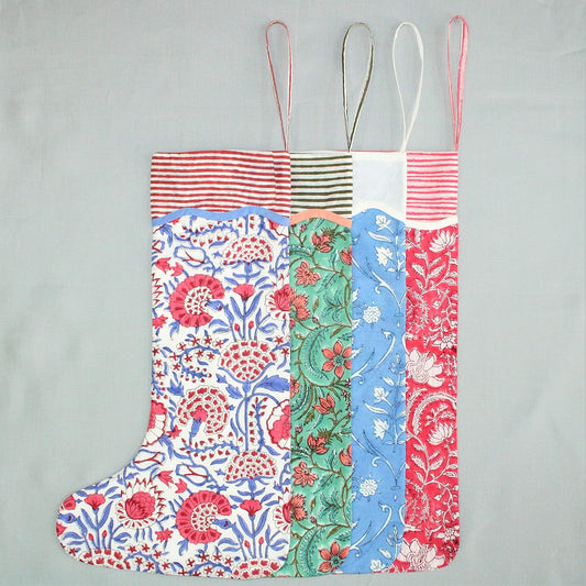 Ridhi Multicolor Colorful Printed Block Print Bright Color Hand Made Hanging Christmas Stockings for Christmas Tree Decor and Gifts for Children and Family (Random Mix Pack of 4)