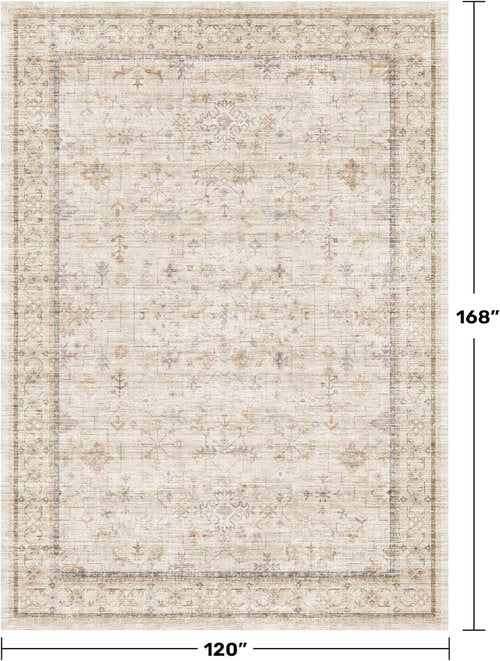 Floral Area Rug by Washable | Stain Resistant 10x14 Soft Vintage Carpet for Living Room & Bedroom