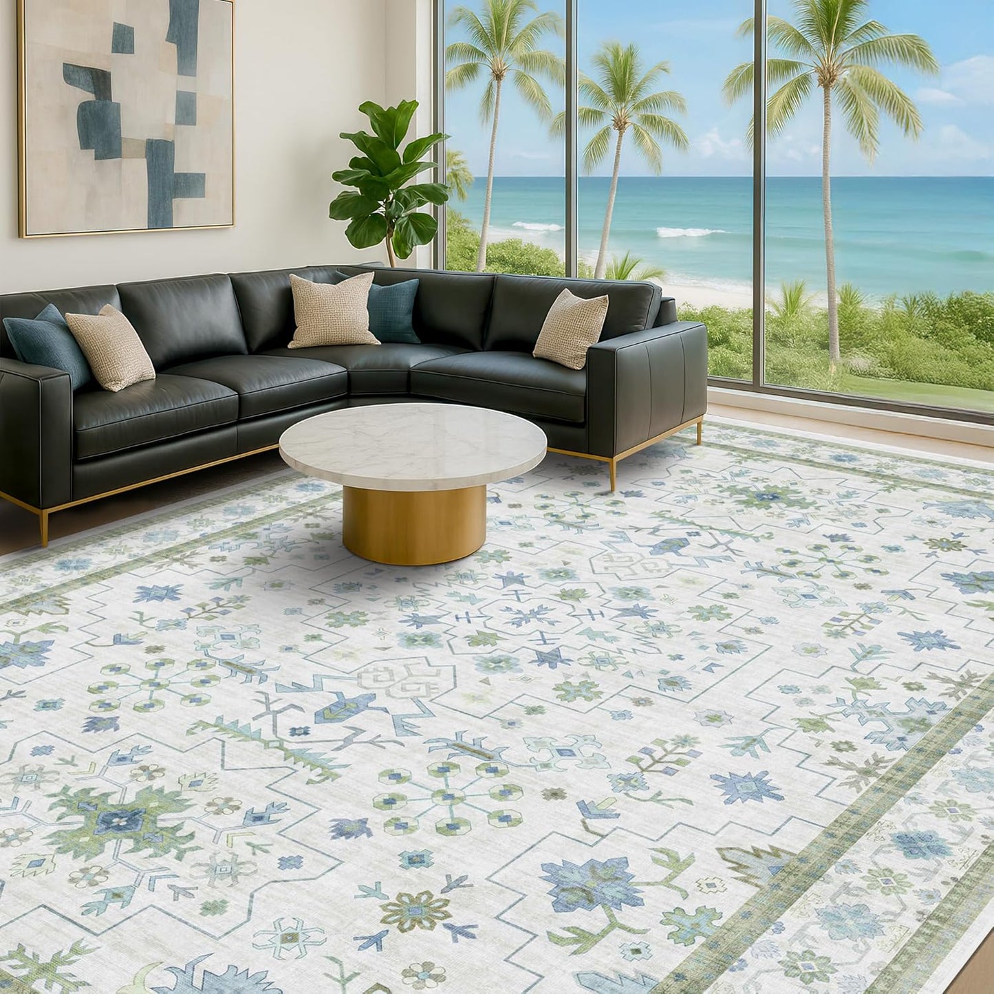 Oushak 10x14 Rug - Washable Boho Extra Large Non-Slip Soft Faux Wool Carpet | Cream, Blue & Green Floral Design