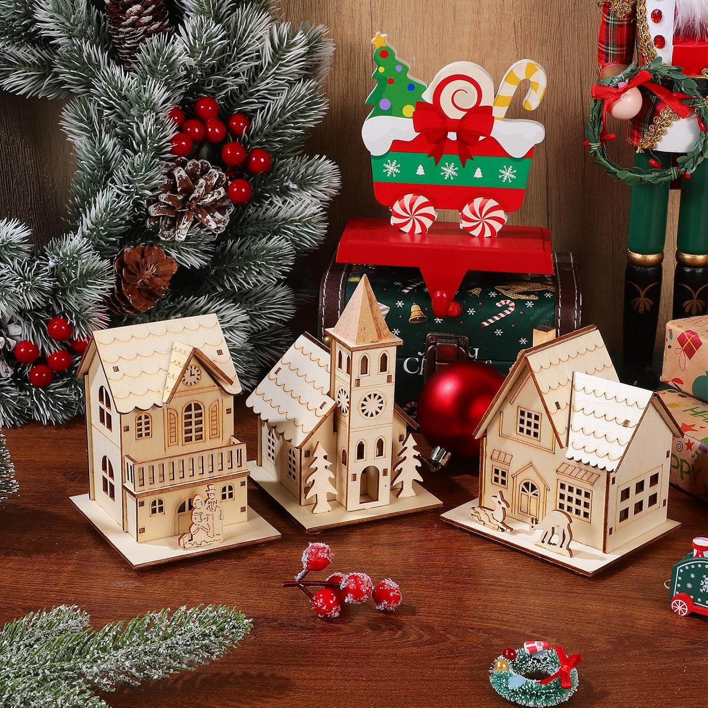 Rustic Christmas Village Houses by [Brand Name] - LED Light Wooden Decor for Holiday Centerpieces | 3 Pcs Set