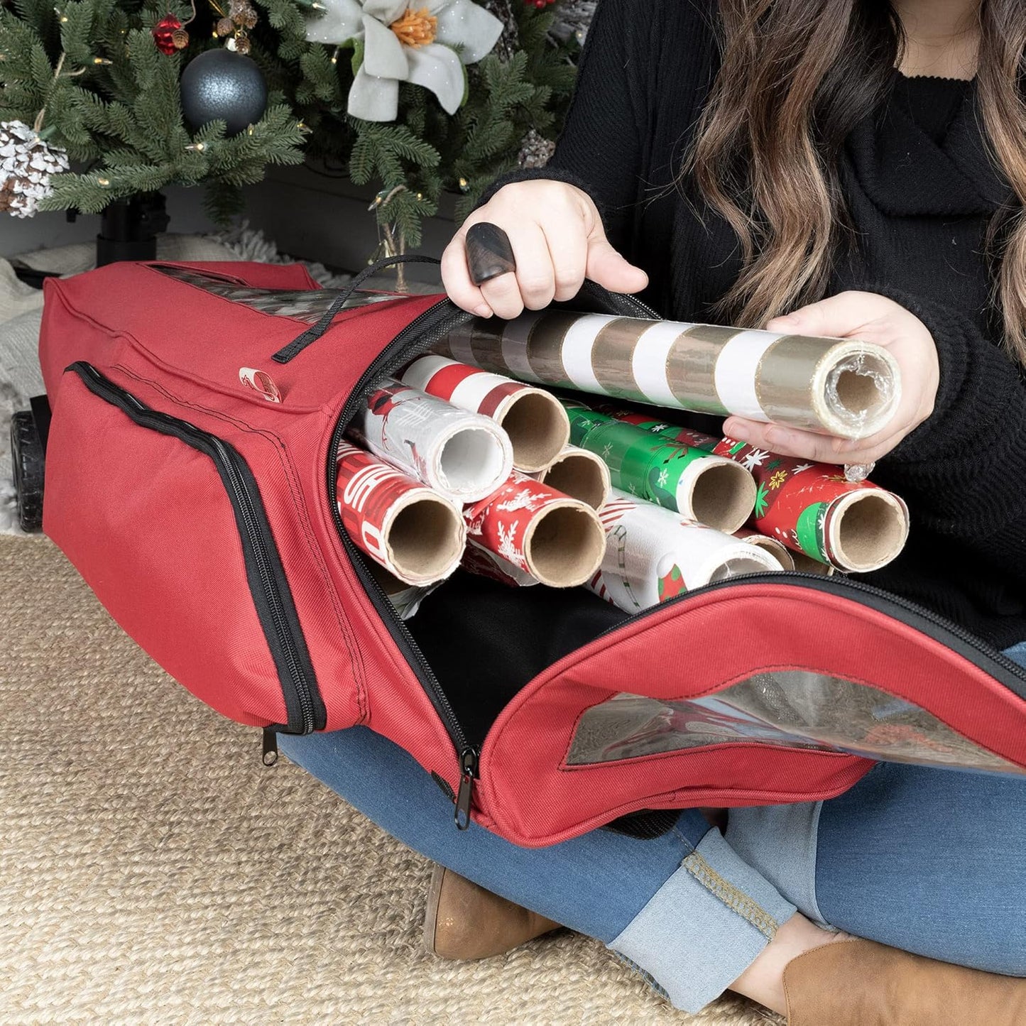 Rolling Gift Wrapping Paper Storage Containers - Holds 12 (40-Inch) Rolls | Over Door Organizer with Oversized Wheels