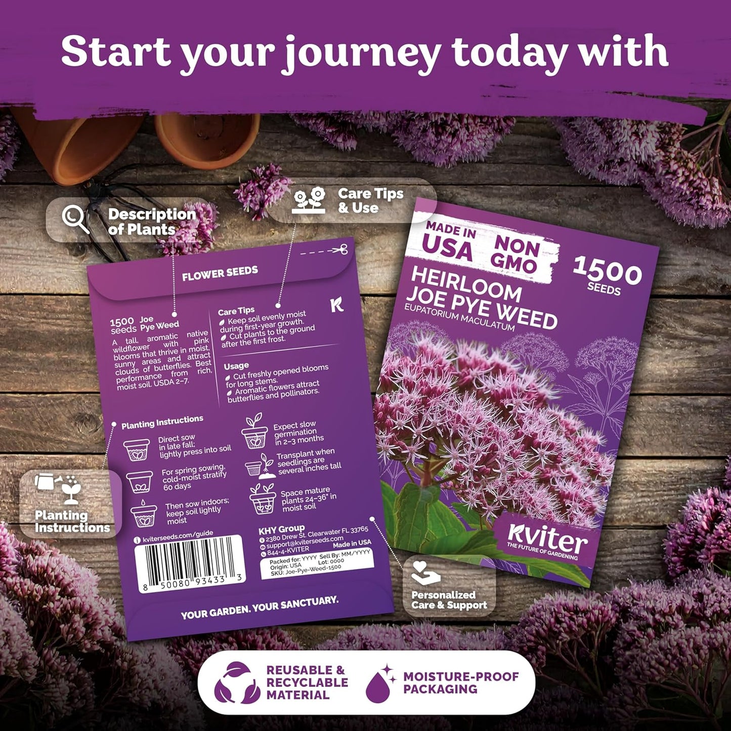 KVITER 1500 Joe Pye Weed Seeds - Aromatic Pink Wildflower, Butterfly Magnet | Perennial Flower Packets
