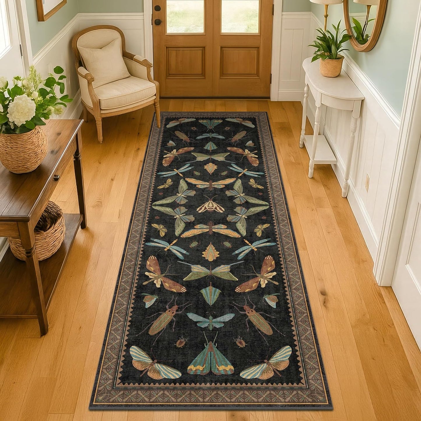 Skiennix Black Insect Washable Non-Slip Runner Rug - 2'6"x8' Stain-Resistant for Kitchen & Hallways | Dark Floral Boho Decor