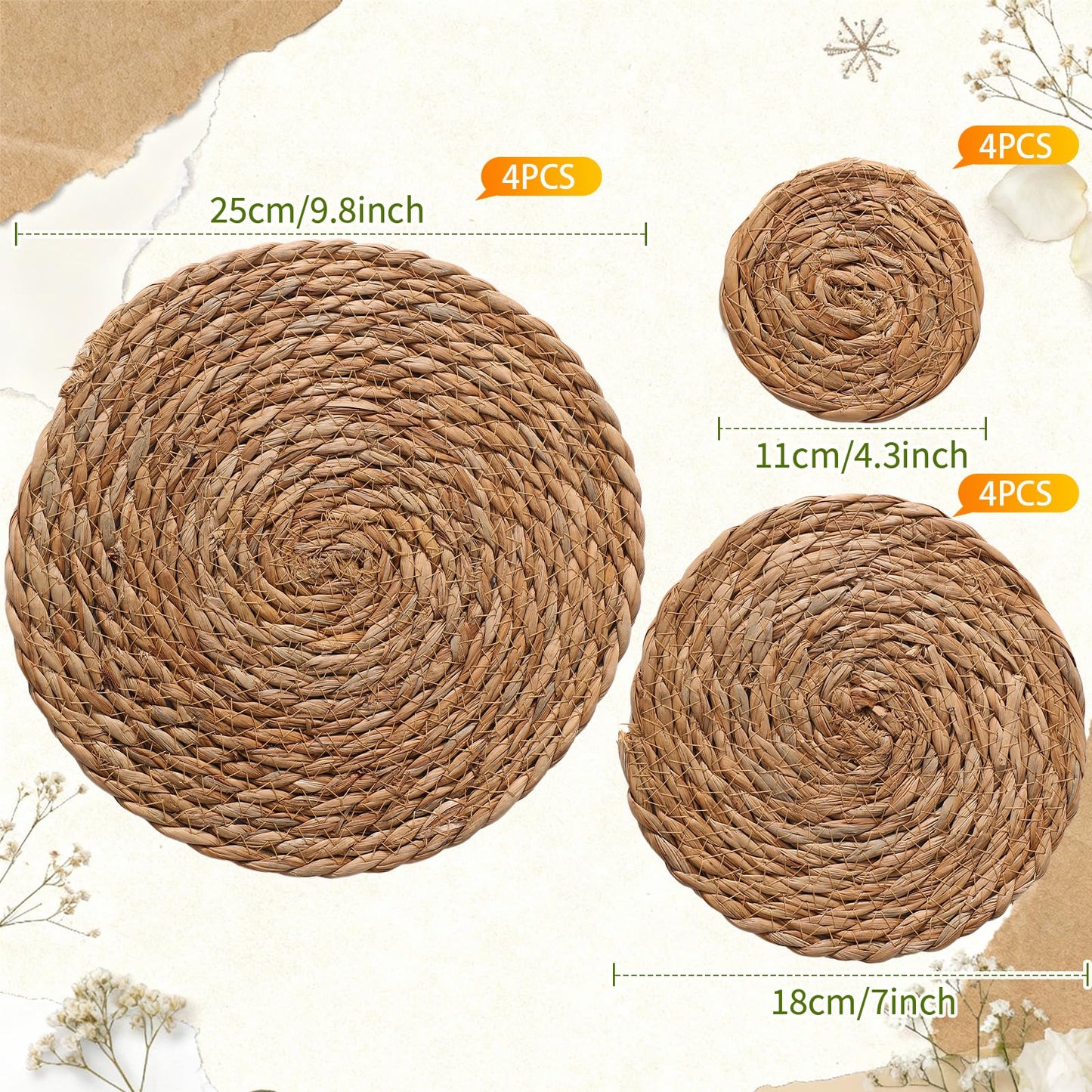 12 Pcs Round Straw Woven Coasters and Trivets Set, 4" Absorbent Drink Coasters, 7" 10" Heat Resistant Trivets for Hot Dishes Boho Farmhouse Table Mat for Bowl, Pan, Kitchen Dining Decor Party Supplies
