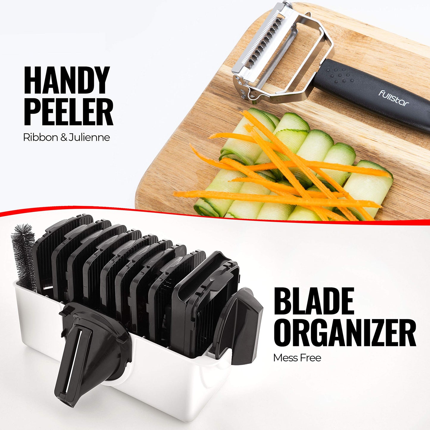 Fullstar Mandoline Slicer for Kitchen, Fruit Cutter, Cheese Grater, Cucumber Slicer, Veggie Spiralizer, Food Cutter & Kitchen Gadgets & Gifts with Safety Glove (11 in 1, Stainless Steel)