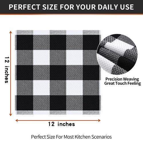 Homaxy 100% Cotton Waffle Weave Check Plaid Dish Cloths, 12 x 12 Inches, Super Soft and Absorbent Dish Towels Quick Drying Dish Rags, 6-Pack, White & Black