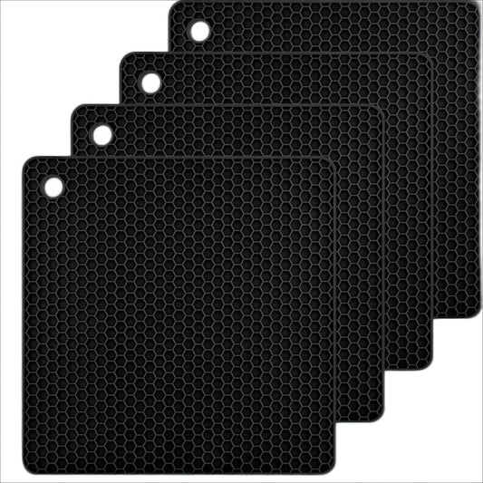 Hotsyang Silicone Trivets Mats Set, Hot Pads and Trivets for Hot Dishes, Pots and Pans, Black Silicone Hot Pads for Kitchen Table, Square Trivet Mat Set of 4