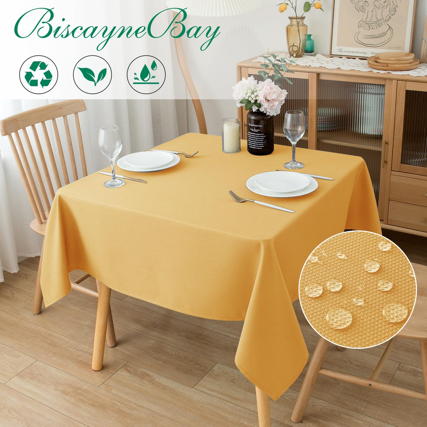 Biscaynebay Fall Tablecloth Textured Fabric Square Tablecloths 60x60'', Fall Gold Thanksgiving Autumn Harvest Water Resistant Fabric Tablecloths for Kitchen, Dining, Wedding, Parties Machine Washable