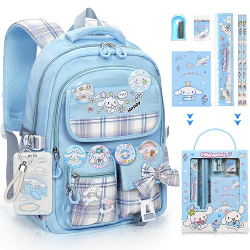 Ensccant Backpack for Girls with 14Pcs Accessories - Anime Schoolbag Cartoon Backpack Laptop Bookbags Anti-Theft Travel Aesthetic New Semester Gifts Bag with Pins,ID Badge Holder,Stationery - Blue