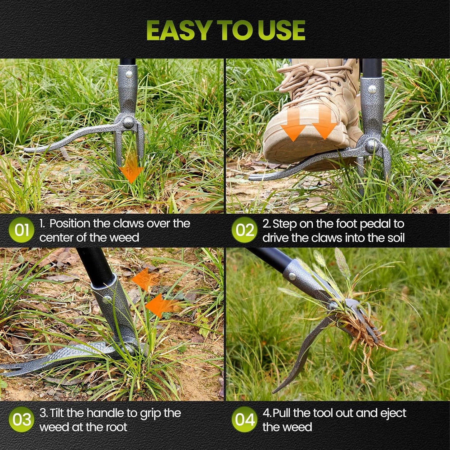 Skiennix Stand Up Weed Puller Tool - Durable 4 Claw Steel Head for Effortless Weeding | Long Handle Design