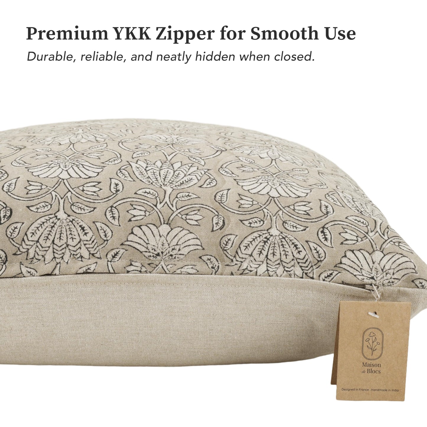 Handmade Block Print 100% Thick Cotton 20 x 20 inch Throw Pillow Cushion Cover with Zipper - Pillowcase for Bedroom, livingroom, Couch, Sofa, Outdoor, Chair, Bed, Home Décor-Margot (Muslin Beige 1)