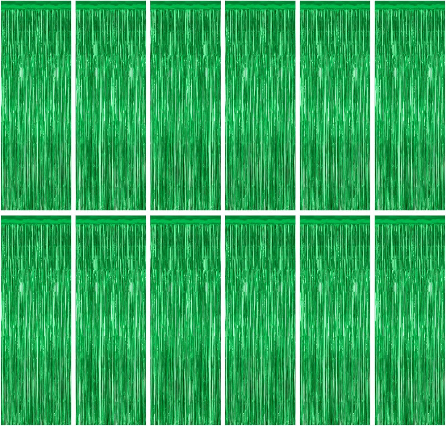Skiennix Green Streamer Backdrop - 12 Pack Metallic Foil Fringe Curtains for Birthday Parties | 3.28 FT x 7.05 FT