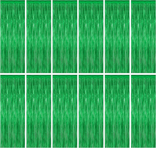 Skiennix Green Streamer Backdrop - 12 Pack Metallic Foil Fringe Curtains for Birthday Parties | 3.28 FT x 7.05 FT