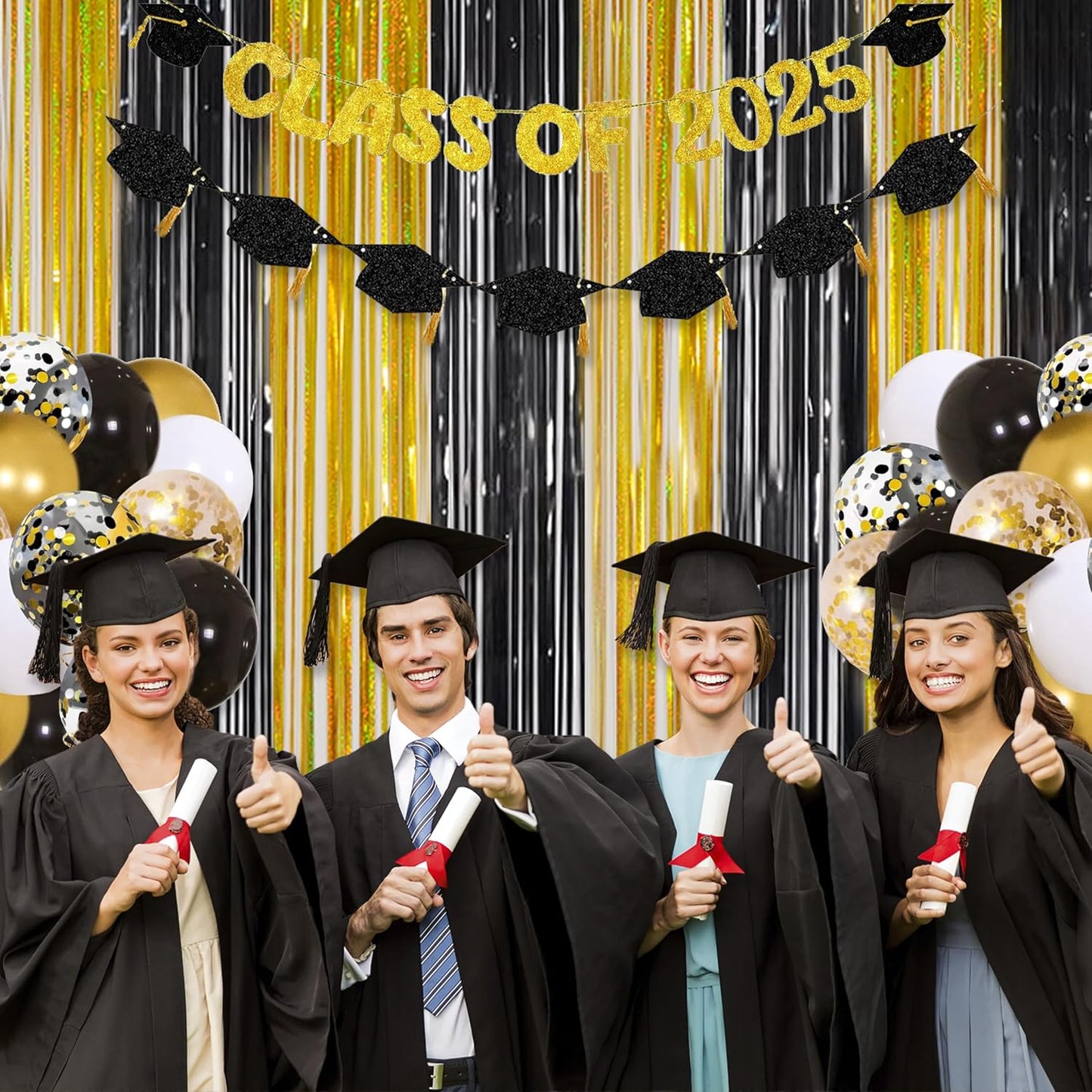 Melsan Graduation Decorations 2026 - Gold Foil Fringe Curtains | 3 Pack 3.2 x 8.2 ft Party Backdrop