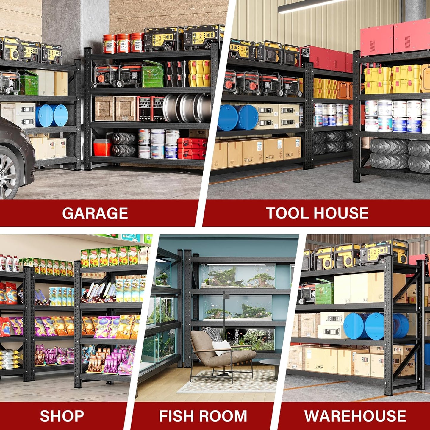 Regine Switzerland Heavy Duty Garage Shelving Unit - 5000LBS Capacity | Black Metal, 71.3"W x 24"D x 70"H