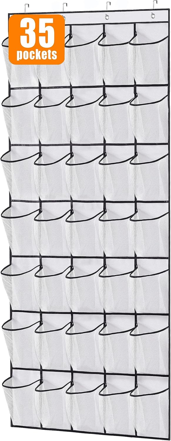 MISSLO Over The Door Shoe Organizer - 35 Large Pockets, Sturdy Oxford Fabric, White Hanging Rack