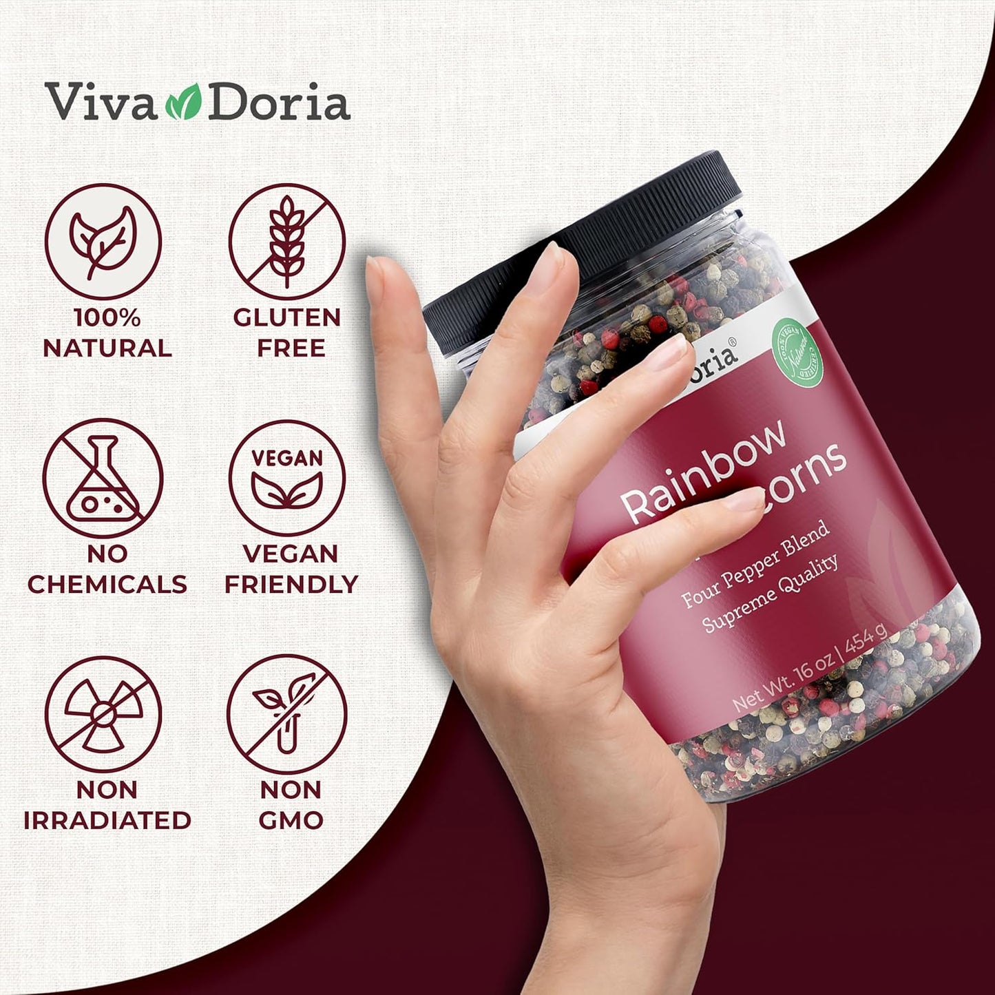 Viva Doria Rainbow Blend Peppercorn - Steam Sterilized Whole Black, Green, Pink & White - 16 Oz