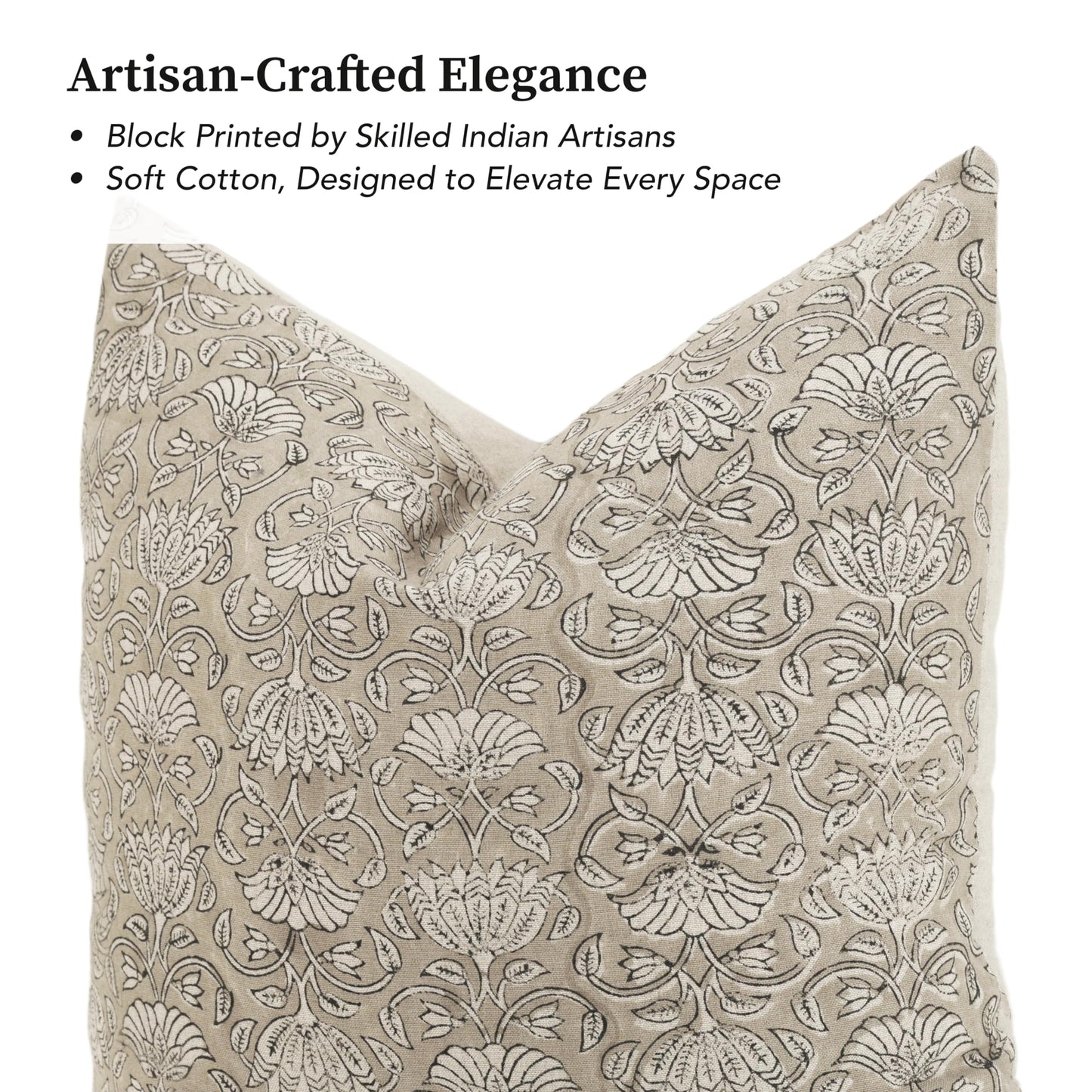 Handmade Block Print 100% Thick Cotton 20 x 20 inch Throw Pillow Cushion Cover with Zipper - Pillowcase for Bedroom, livingroom, Couch, Sofa, Outdoor, Chair, Bed, Home Décor-Margot (Muslin Beige 1)