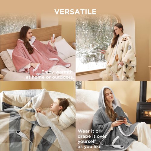 Bedsure Heated Blanket Wearable Shawl - Electric Wrap Poncho Blanket Hoodie for Adult, Winter Gifts for Mom Women Girlfriend, Warm Sherpa Heating Throw, Auto Shut Off, 50x64 inches, Printed Cat