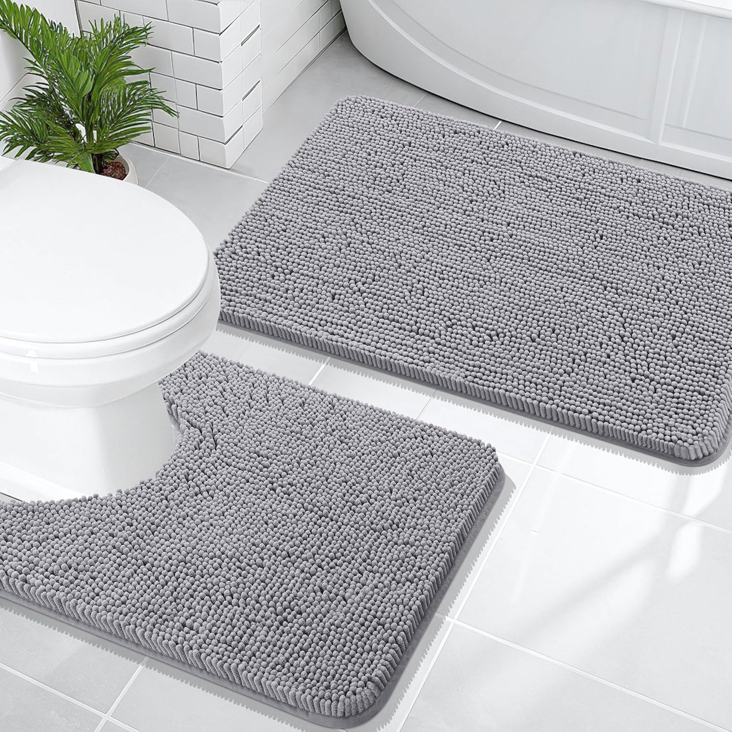 OLANLY Bathroom Rugs Set - Soft Absorbent Chenille Bath Mats & U-Shaped Toilet Mat | Machine Washable, Grey (30"x20" + 24"x20")